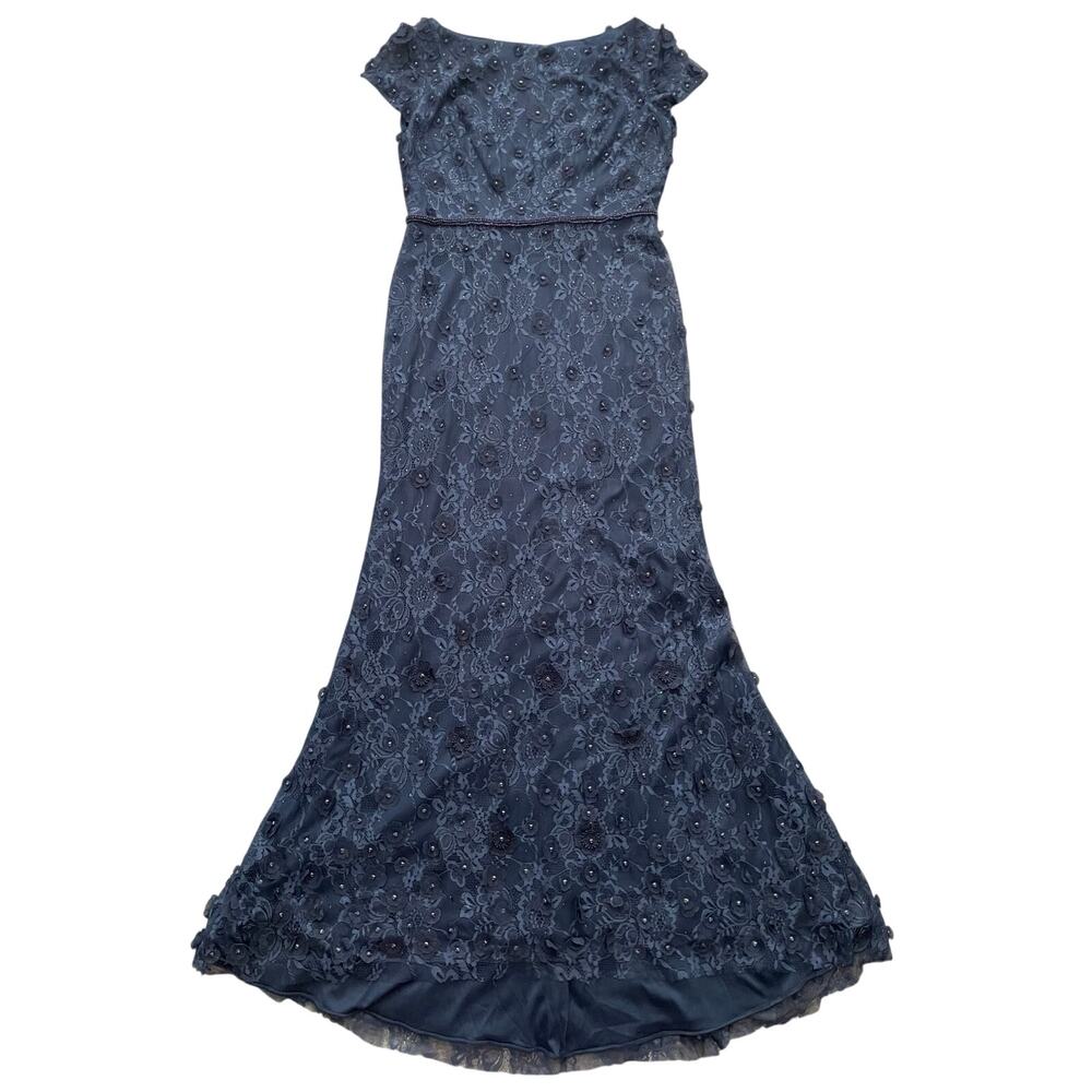 New Mac Duggal Womens Size 12 Floral Applique Boat Neck Navy Blue Gown
